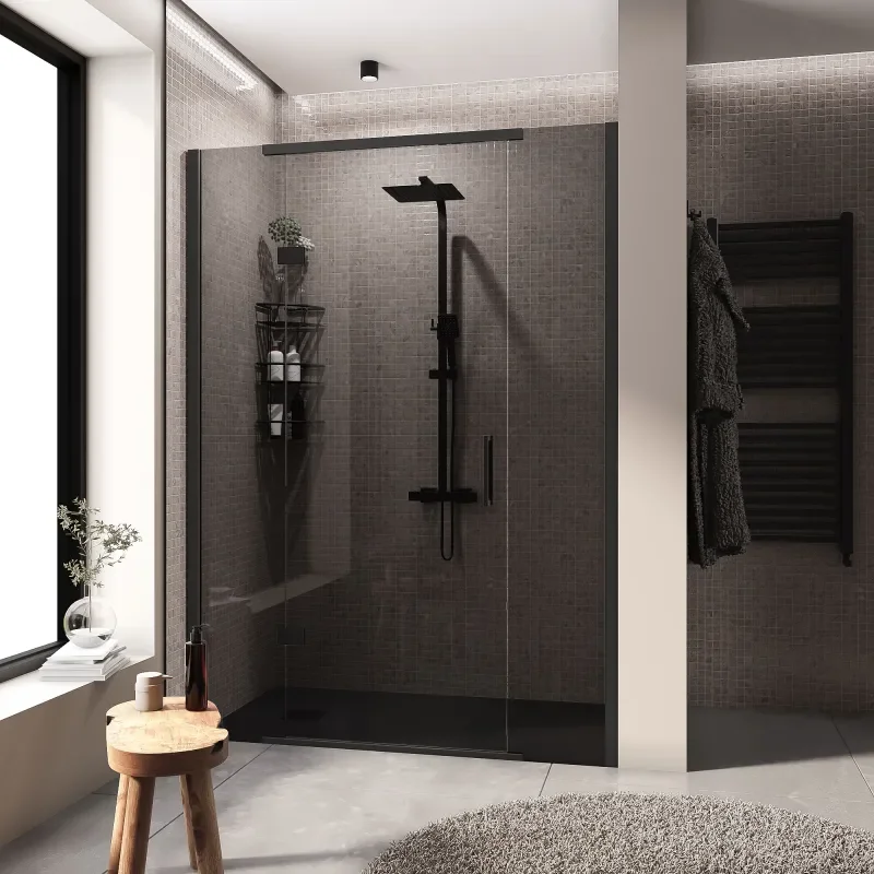 havana black 1400 inline hinged recess shower door smoked glass