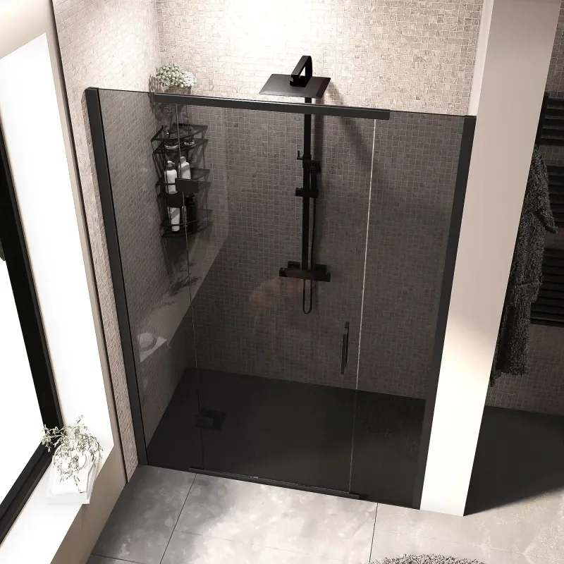 havana black 1400 inline hinged recess shower door smoked glass
