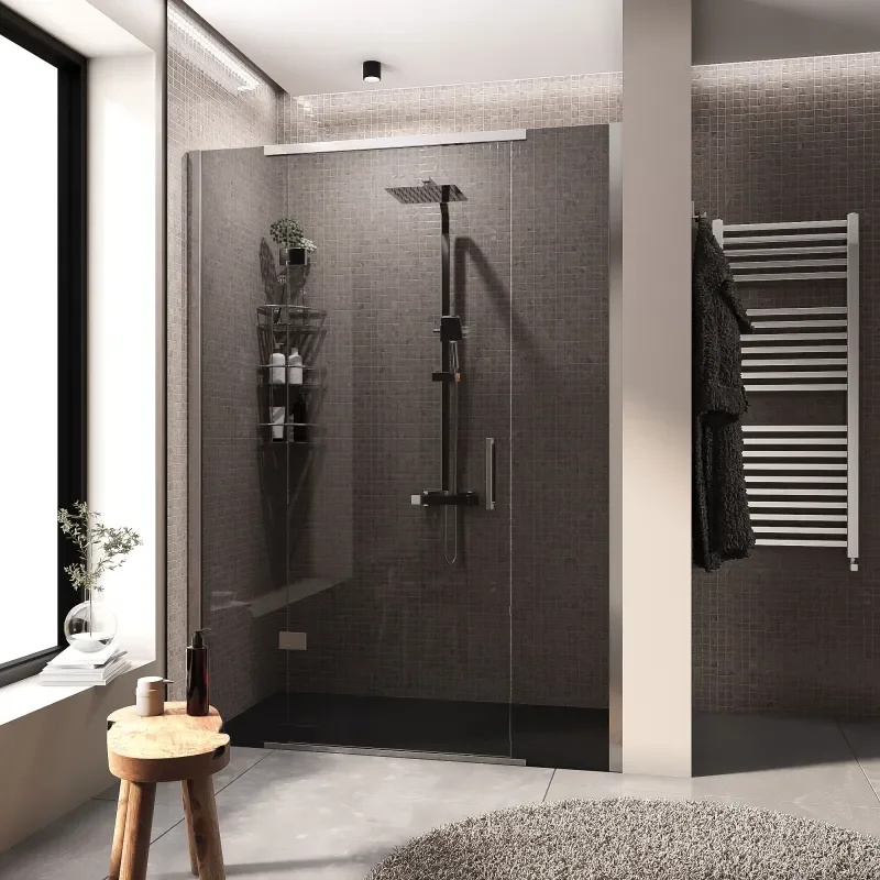 havana chrome 1400 inline hinged recess shower door smoked glass