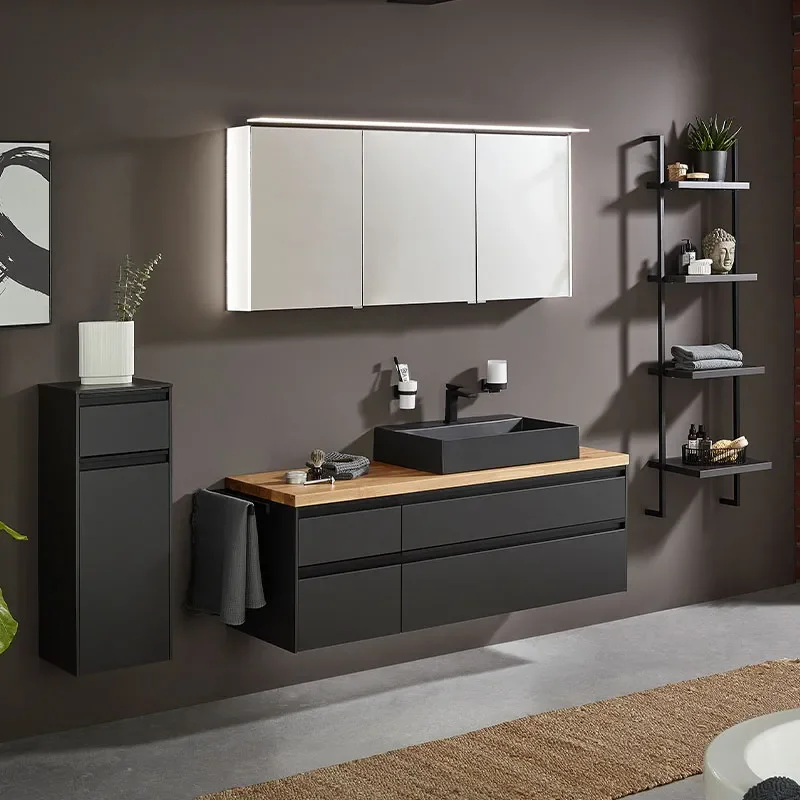 laguna high line 1400mm vanity unit with black basin and oak worktop