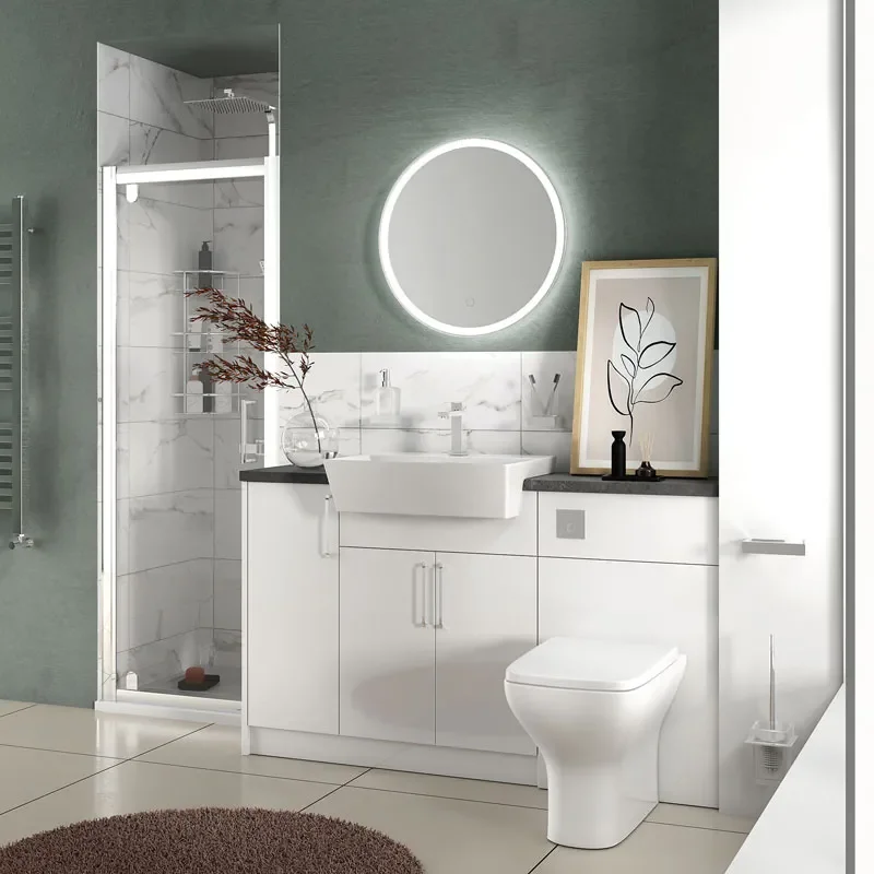 oliver white shower suite 1400 vanity with pivot door