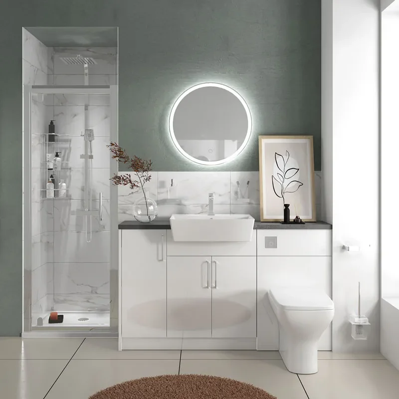 oliver white shower suite 1400 vanity with pivot door