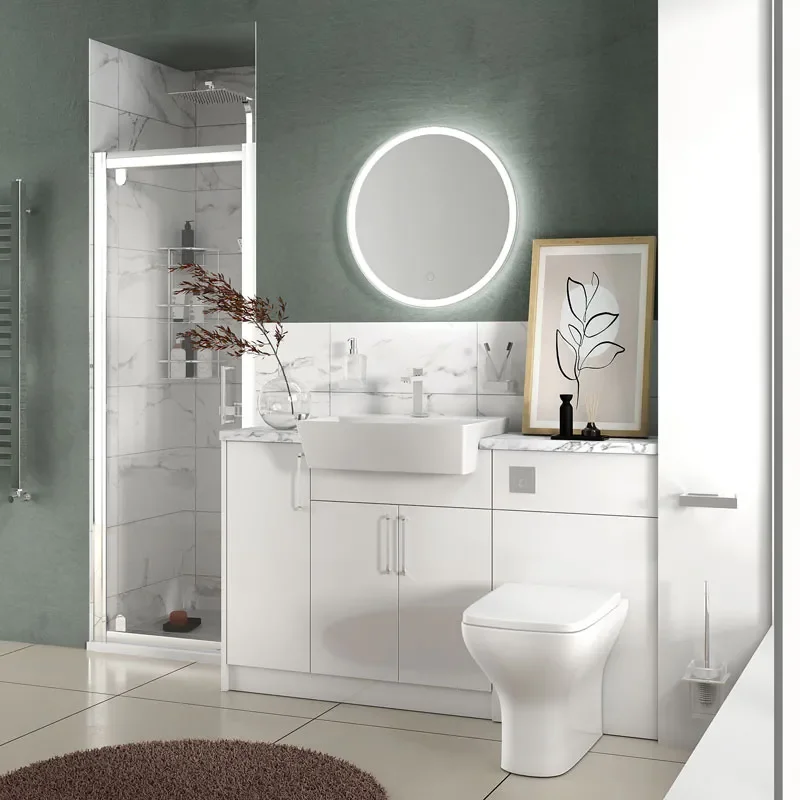 oliver white shower suite 1400 vanity with pivot door