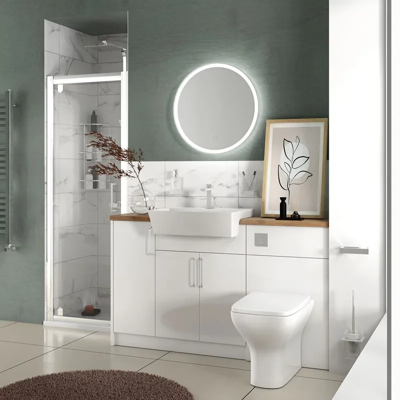 oliver white shower suite 1400 vanity with pivot door