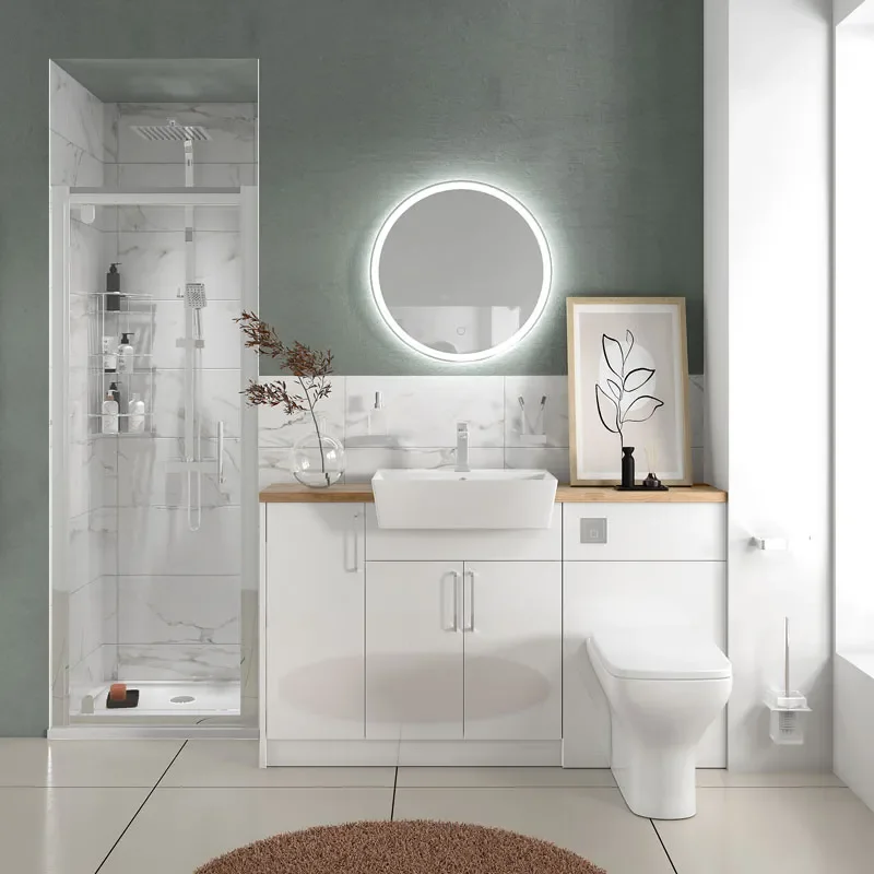 oliver white shower suite 1400 vanity with pivot door