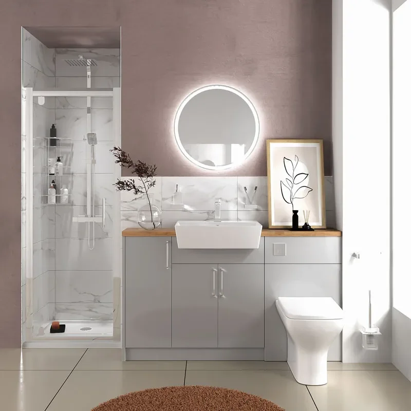 oliver dove grey shower suite 1400 vanity with pivot door