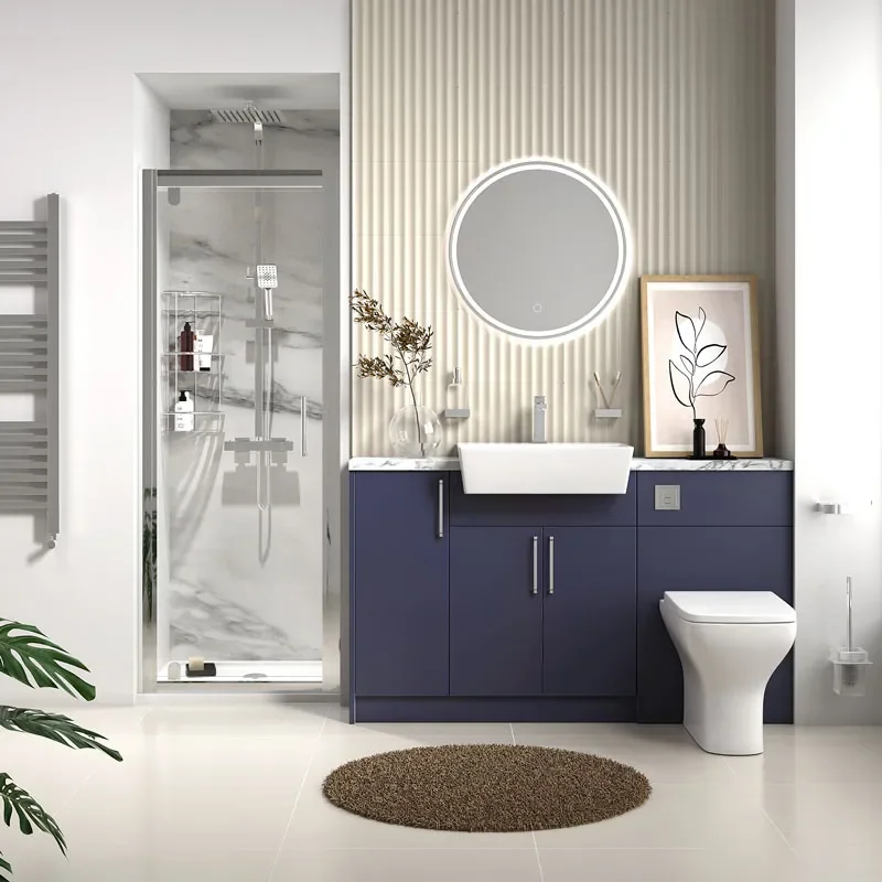 oliver navy blue shower suite 1400 vanity with pivot door