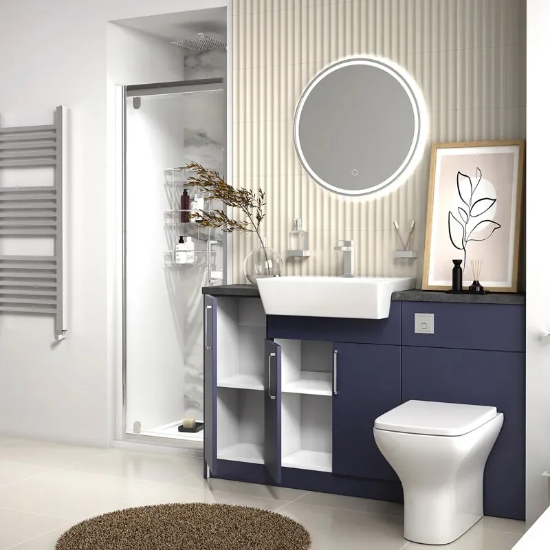oliver navy blue shower suite 1400 vanity with pivot door