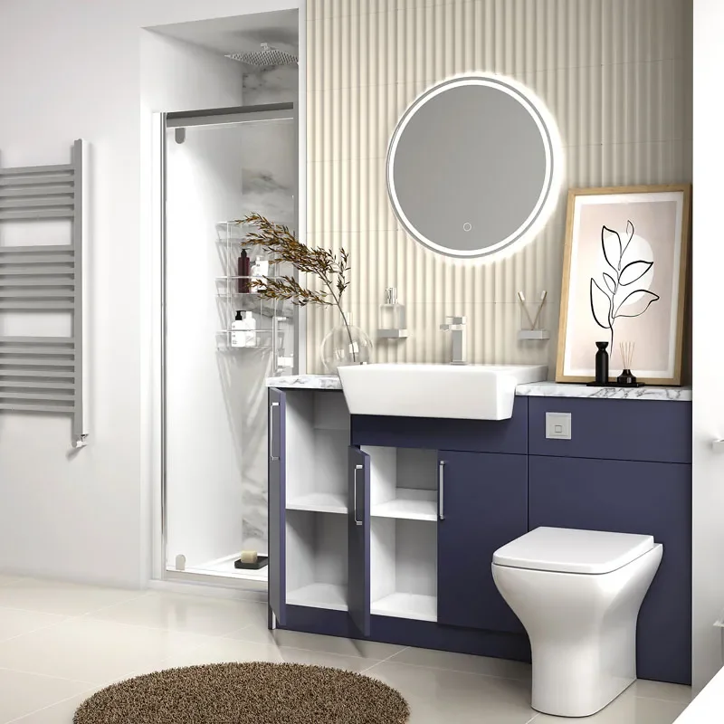 oliver navy blue shower suite 1400 vanity with pivot door
