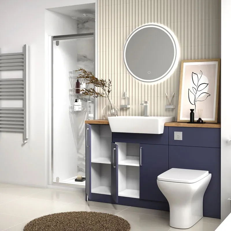 oliver navy blue shower suite 1400 vanity with pivot door