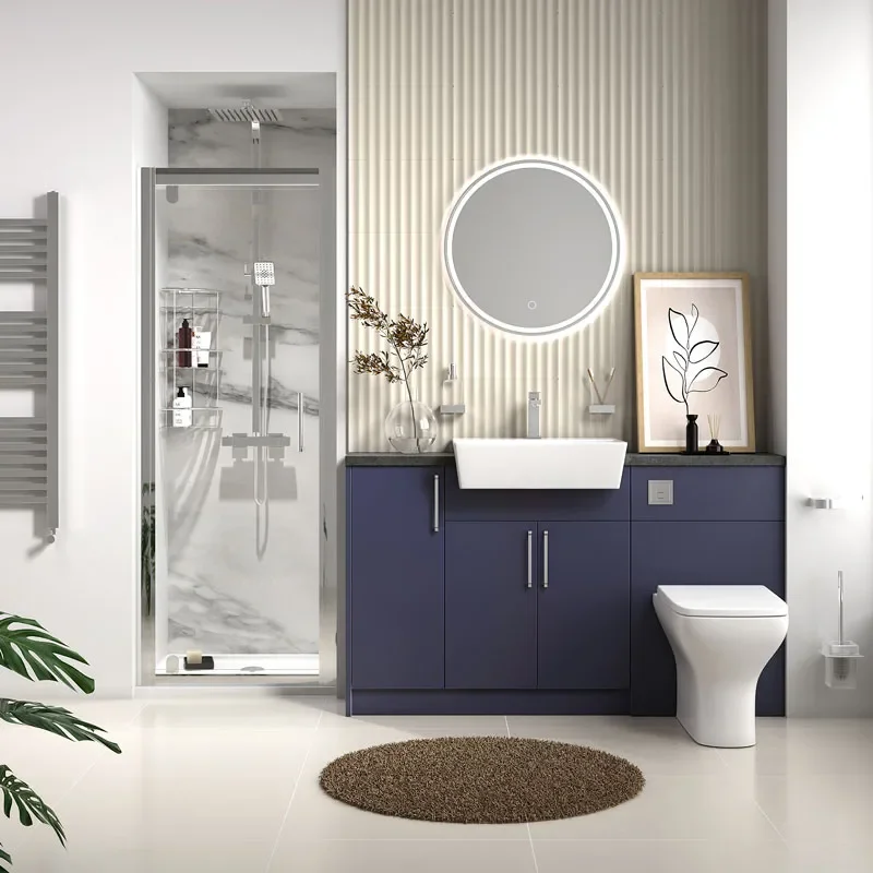 oliver navy blue shower suite 1400 vanity with pivot door