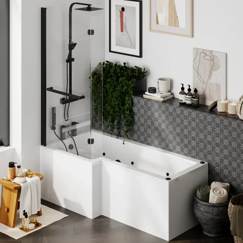 Laguna L Shaped Left Hand Bath with Black Whirlpool Jets
