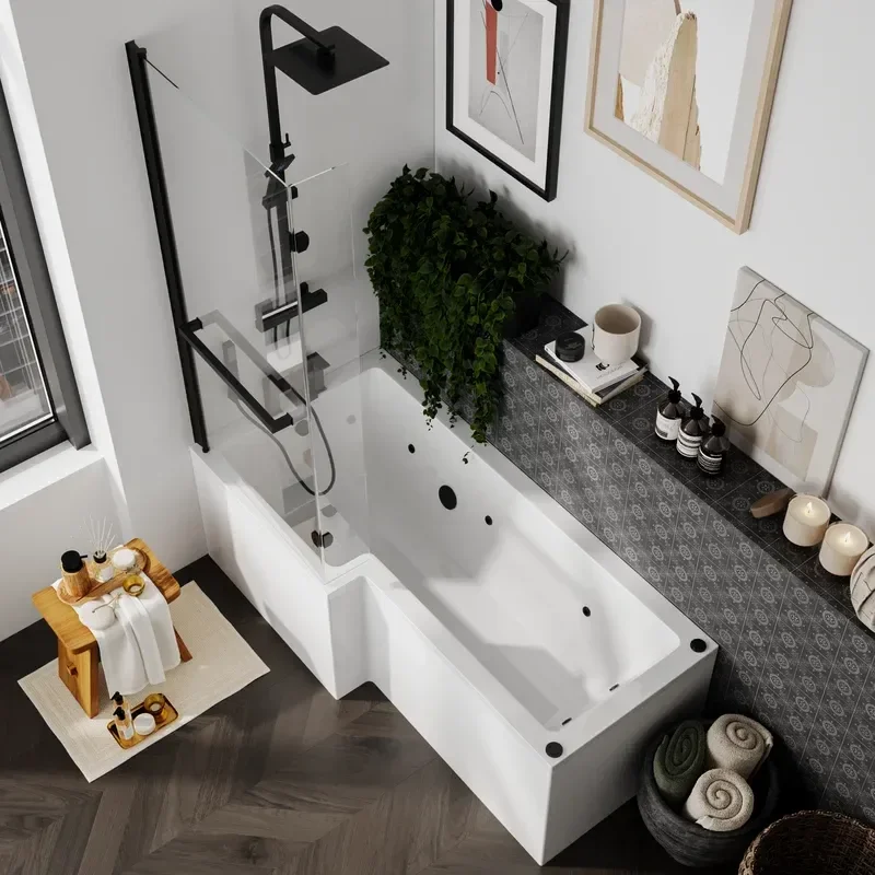 Laguna L Shaped Left Hand Bath with Black Whirlpool Jets