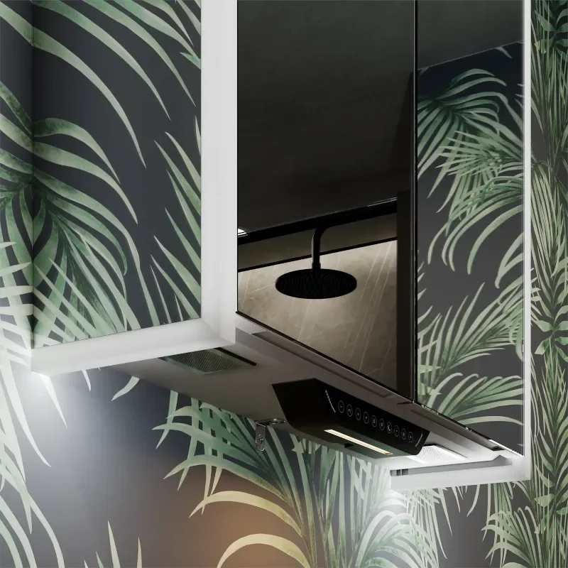 Close up showing underside and controls of Luka LED Mirror Cabinet with Alexa