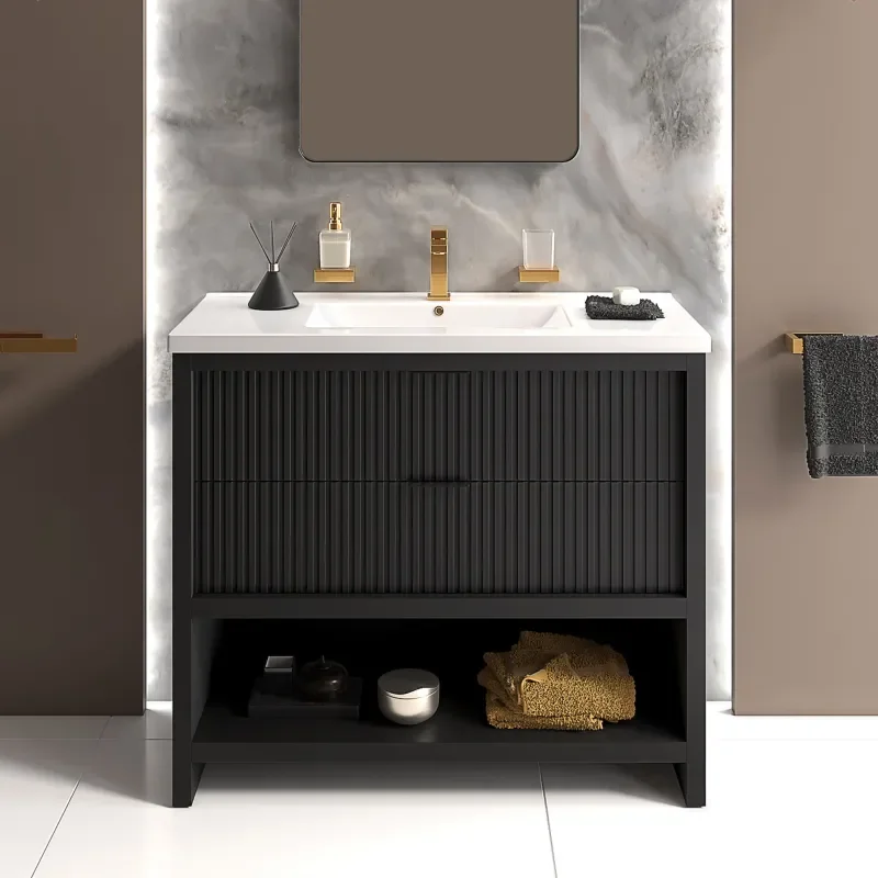 jasmine black 1000mm vanity unit with gold handles, btw toilet unit and 1700 & 1800mm bath
