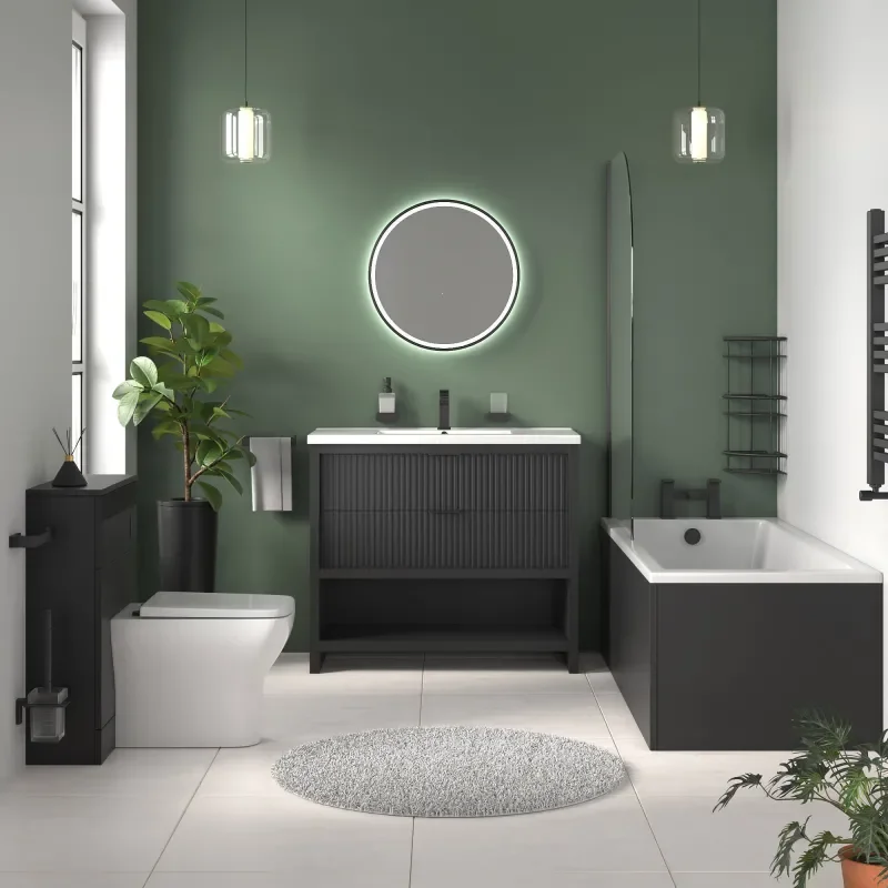 jasmine black 1000mm vanity unit with black handles, btw toilet unit and 1700 & 1800mm bath