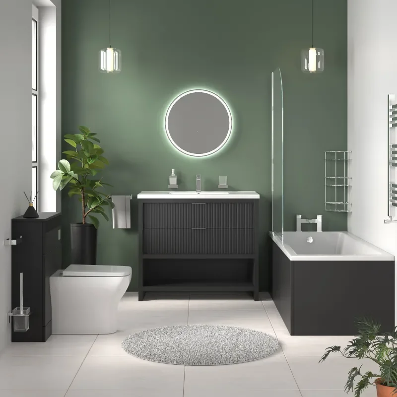jasmine black 1000mm vanity unit with chrome handles, btw toilet unit and 1700 & 1800mm bath