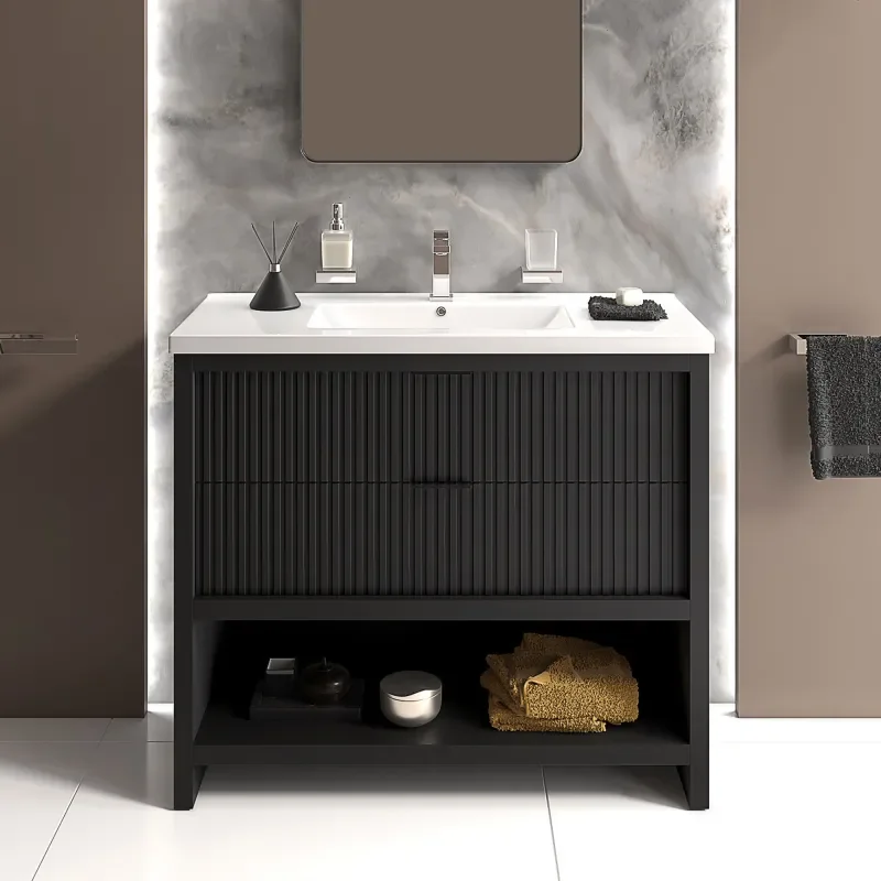 jasmine black 1000mm vanity unit with chrome handles, btw toilet unit and 1700 & 1800mm bath