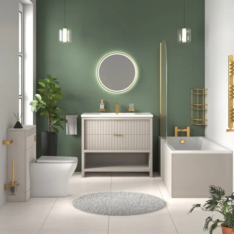 jasmine cashmere 1000mm vanity unit with gold handles, btw toilet unit and 1700 & 1800mm bath