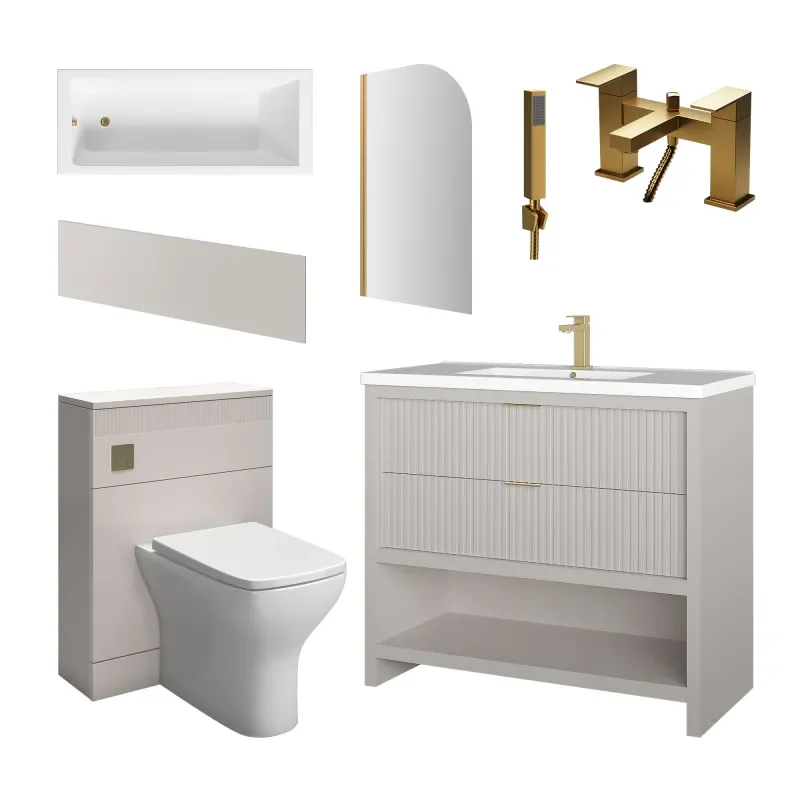 jasmine cashmere 1000mm vanity unit with gold handles, btw toilet unit and 1700 & 1800mm bath