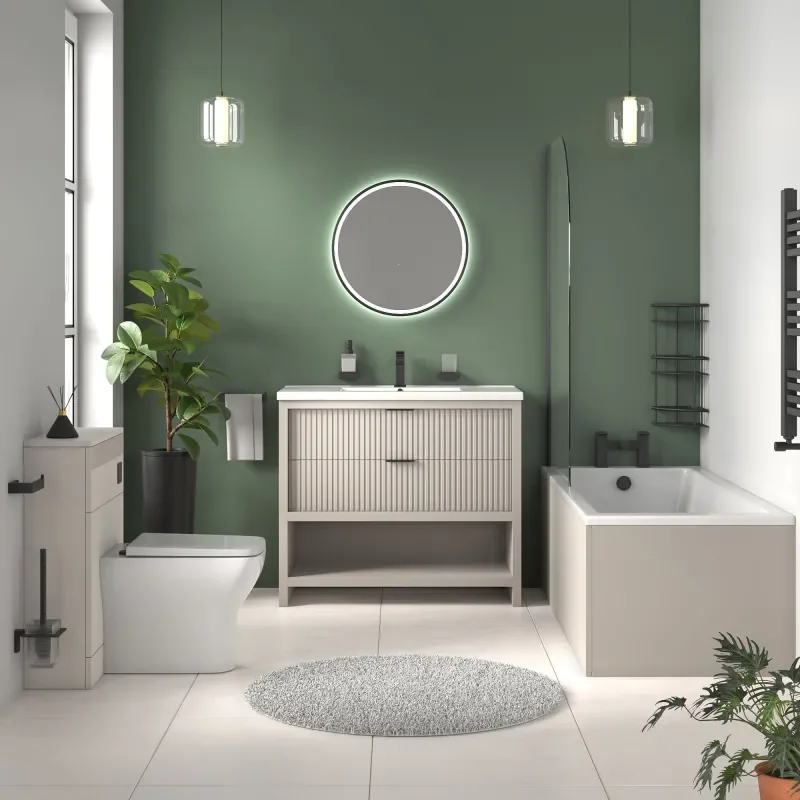 jasmine cashmere 1000mm vanity unit with black handles, btw toilet unit and 1700 & 1800mm bath