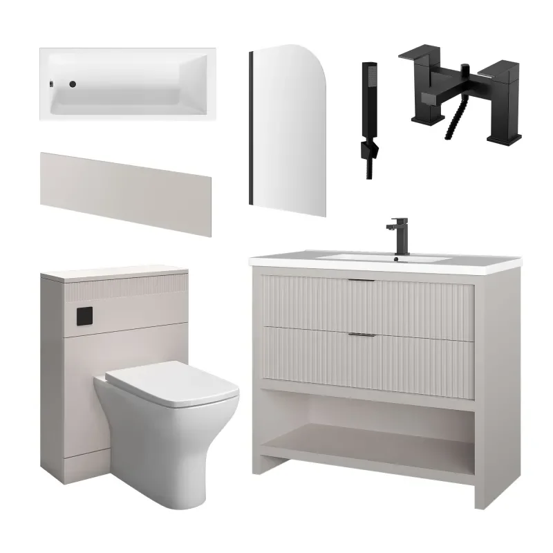 jasmine cashmere 1000mm vanity unit with black handles, btw toilet unit and 1700 & 1800mm bath