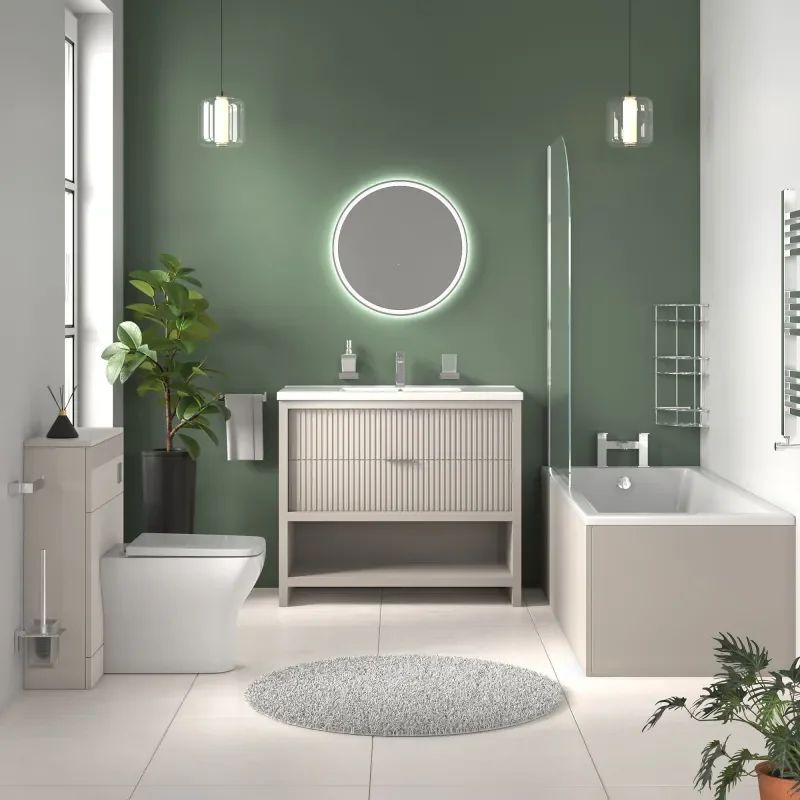 jasmine cashmere 1000mm vanity unit with chrome handles, btw toilet unit and 1700 & 1800mm bath