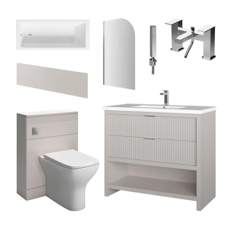 jasmine cashmere 1000mm vanity unit with chrome handles, btw toilet unit and 1700 & 1800mm bath