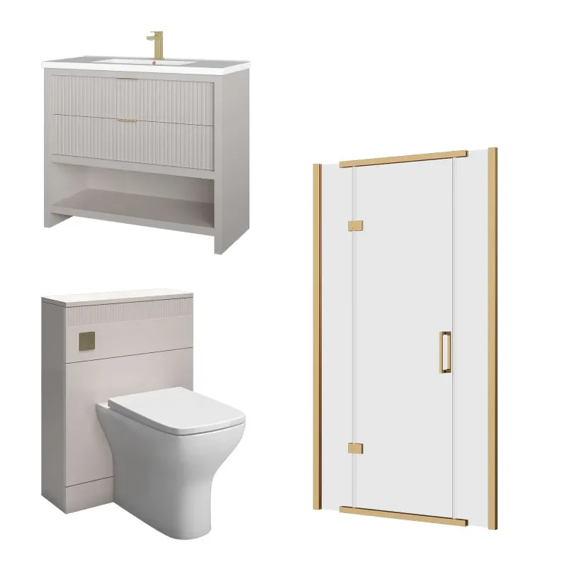 jasmine recessed shower suite with cashmere 1000mm vanity unit wc toilet unit gold