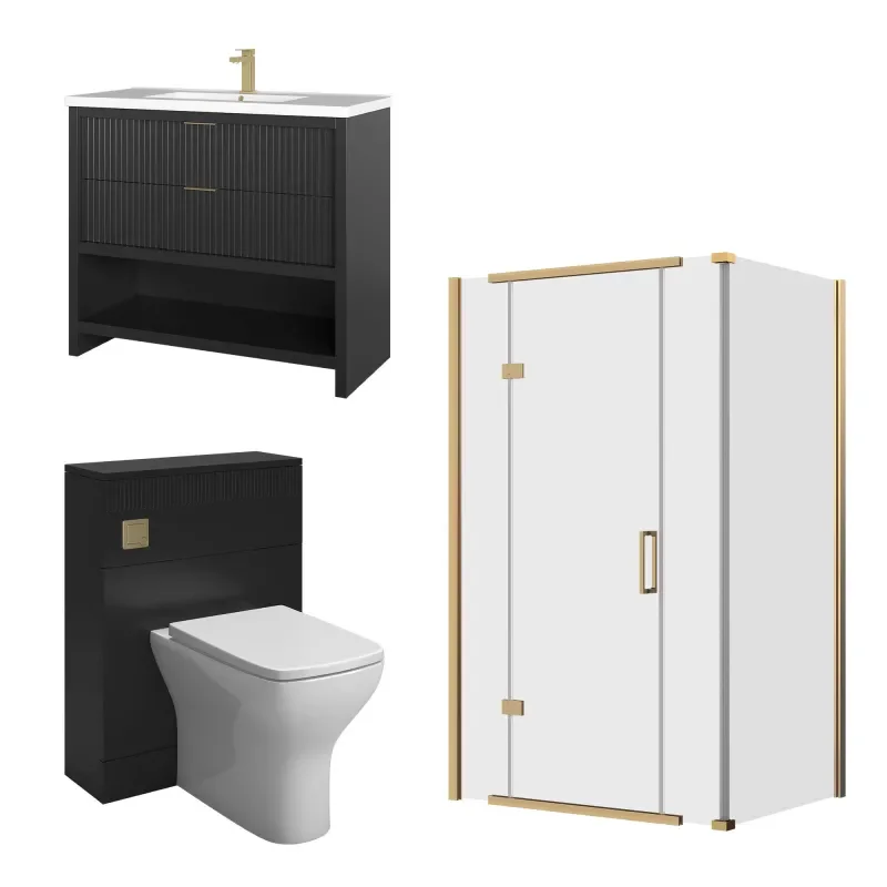 jasmine corner shower suite with black 1000mm vanity unit wc toilet unit gold