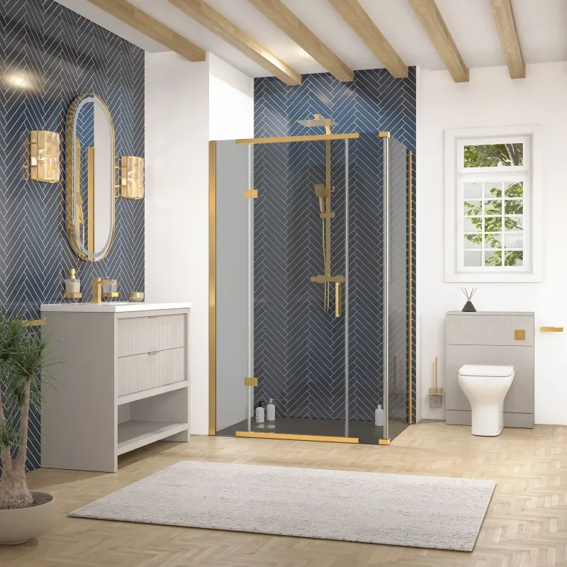 jasmine corner shower suite with cashmere 1000mm vanity unit wc toilet unit gold