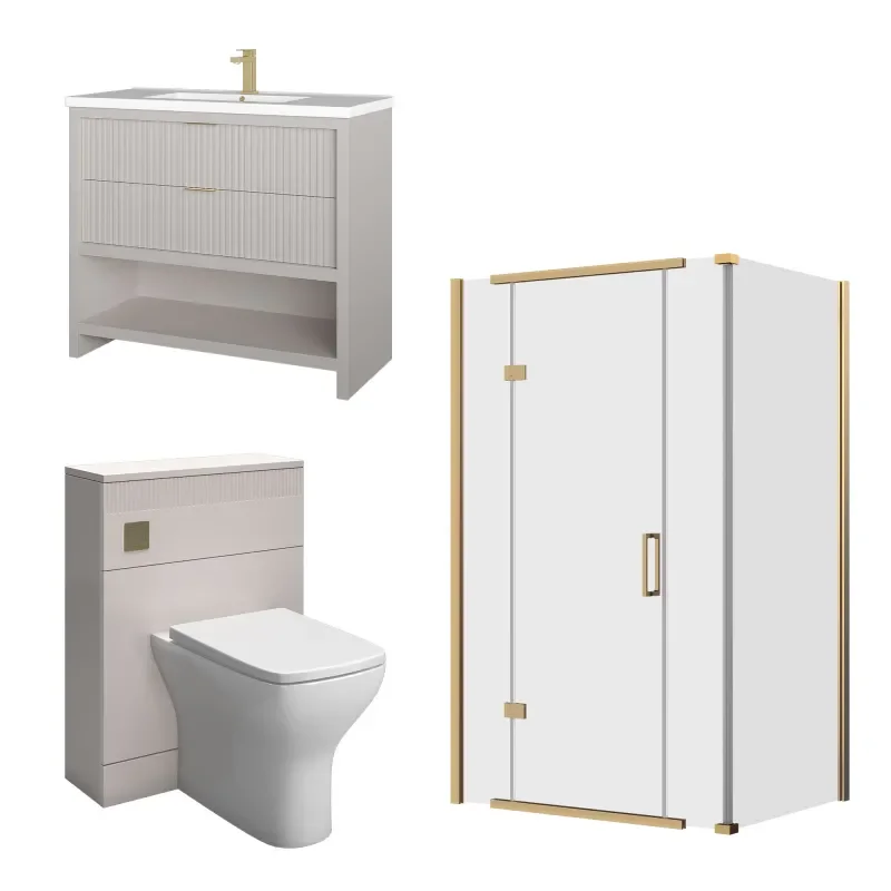 jasmine corner shower suite with cashmere 1000mm vanity unit wc toilet unit gold