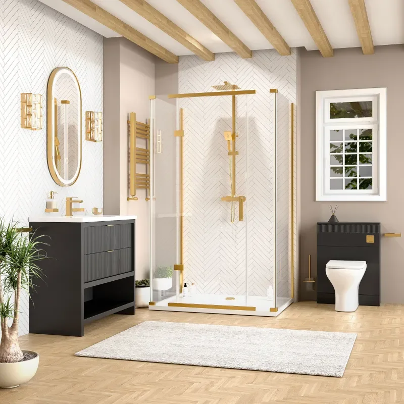 jasmine 3 sided shower suite with black 1000mm vanity unit wc toilet unit gold