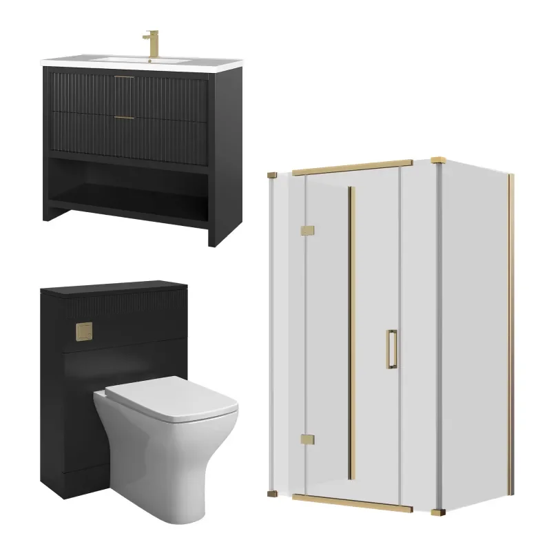 jasmine 3 sided shower suite with black 1000mm vanity unit wc toilet unit gold
