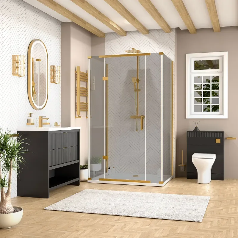jasmine 3 sided shower suite with black 1000mm vanity unit wc toilet unit gold