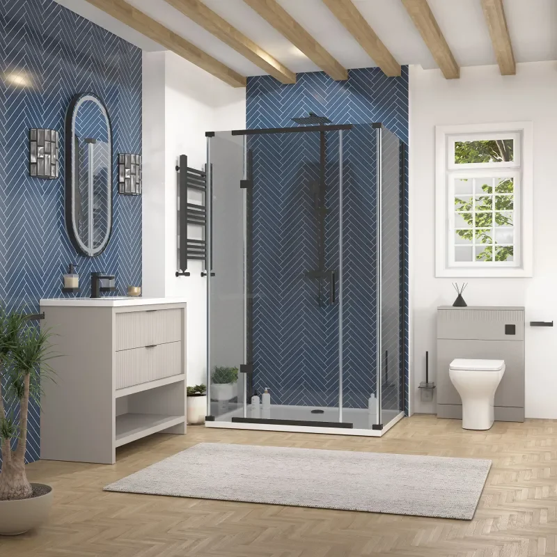 jasmine 3 sided shower suite with cashmere 1000mm vanity unit wc toilet unit black