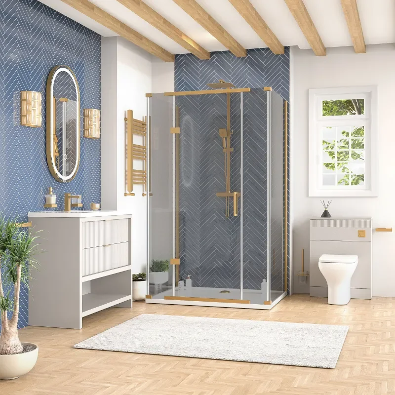 jasmine 3 sided shower suite with cashmere 1000mm vanity unit wc toilet unit gold