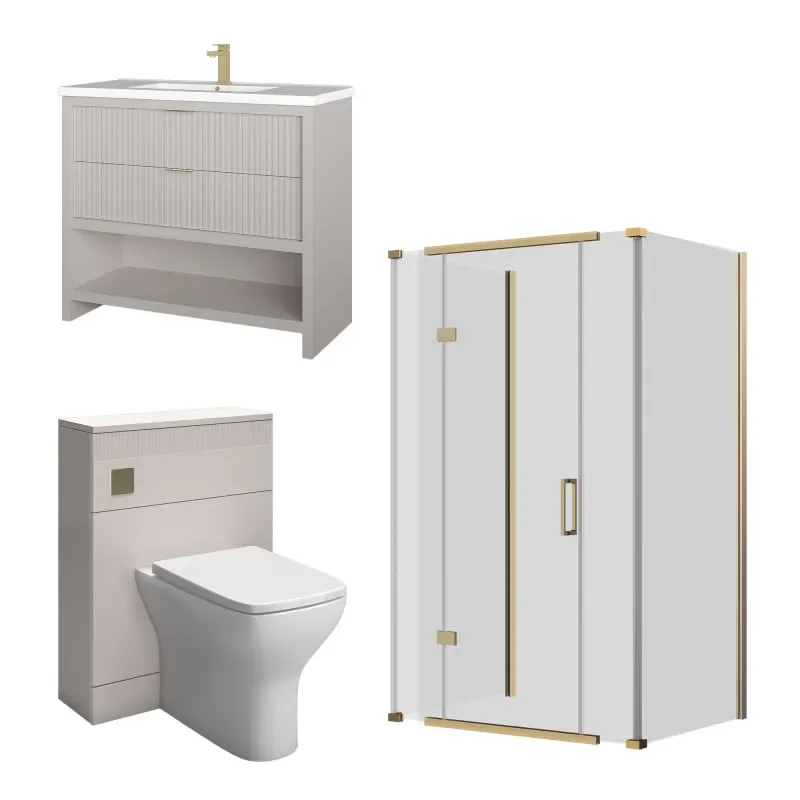 jasmine 3 sided shower suite with cashmere 1000mm vanity unit wc toilet unit gold