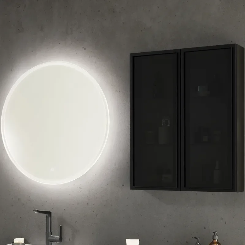 Close-up of Optional Round Mirror and Black Glass Wall Cabinet