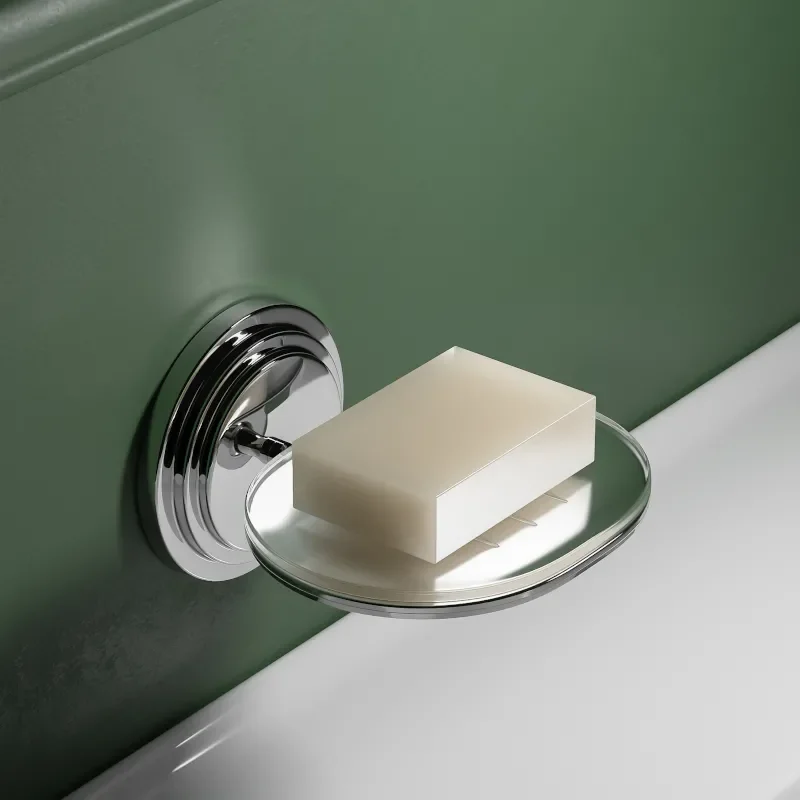 Chrome Soap installed on a green wall with wall bracket and dish displaying soap