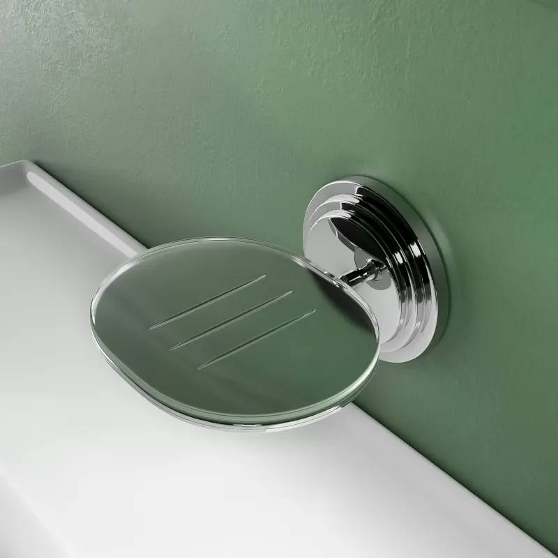 Chrome soap installed on a green wall without soap so you can see the textured surface the soap sits on