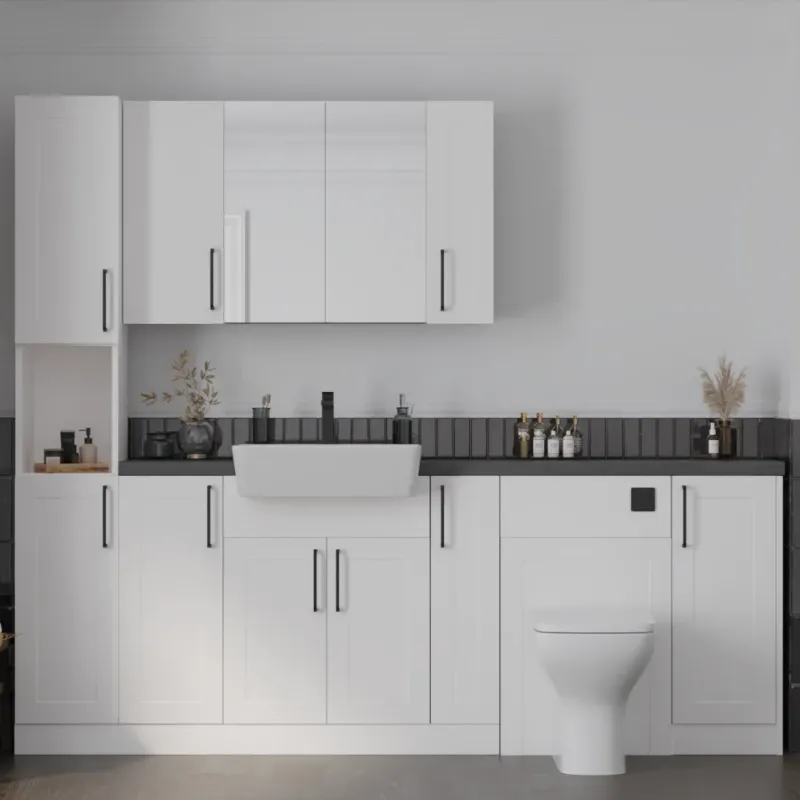 Main Product Image for Oliver 2200 White Shaker Fitted Furniture Combination Vanity Unit with Ceramic Basin, WC, Mirror Cabinet, Tallboy and Fixing Kits