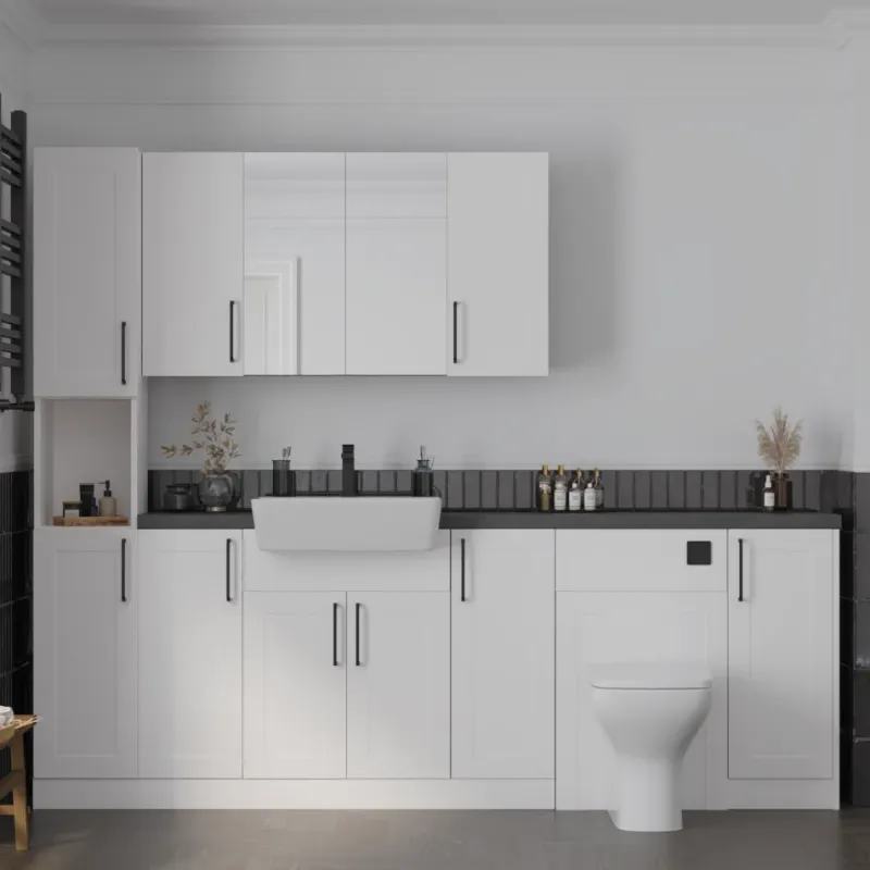 Main Product Image for Oliver 2300 White Shaker Fitted Furniture Combination Vanity Unit with Ceramic Basin, WC, Mirror Cabinet, Tallboy and Fixing Kits