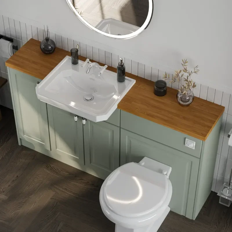 Oliver 1500 Sage Green Shaker Fitted Furniture Combination Vanity Unit_4 Top View of Oliver 1500 Sage Green Shaker Fitted Furniture Combination Vanity Unit with  & Oak Countertop