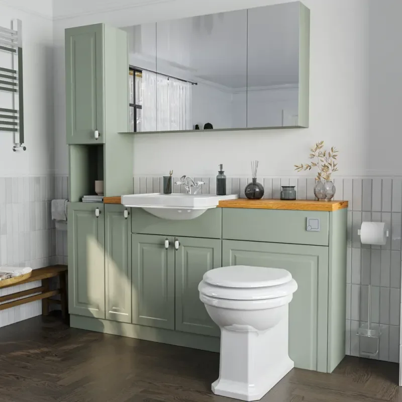 Side View of Oliver 1700 Sage Green Shaker Fitted Furniture Combination Vanity Unit with  & Oak Countertop