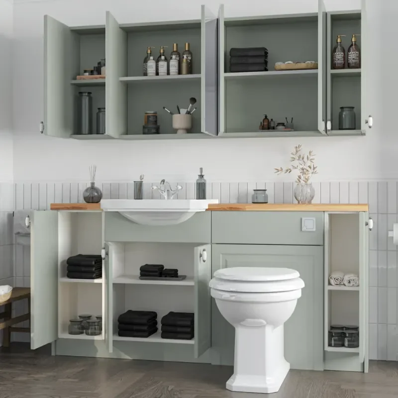 Side View with Open Doors of Oliver 1700 Sage Green Shaker Fitted Furniture Combination Vanity Unit