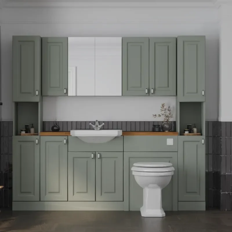 Main Product Image for Oliver 2100 Sage Green Shaker Fitted Furniture Combination Vanity Unit with Ceramic Basin, WC, Mirror Cabinet, Tallboy and Fixing Kits