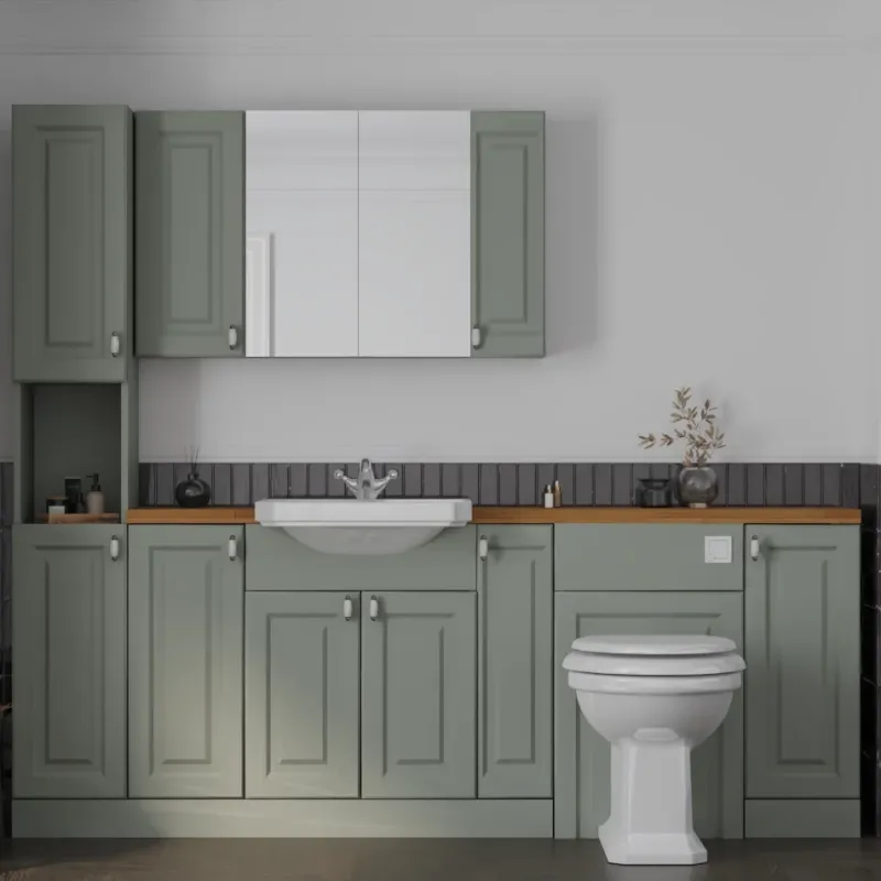 Main Product Image for Oliver 2200 Sage Green Shaker Fitted Furniture Combination Vanity Unit with Ceramic Basin, WC, Mirror Cabinet, Tallboy and Fixing Kits