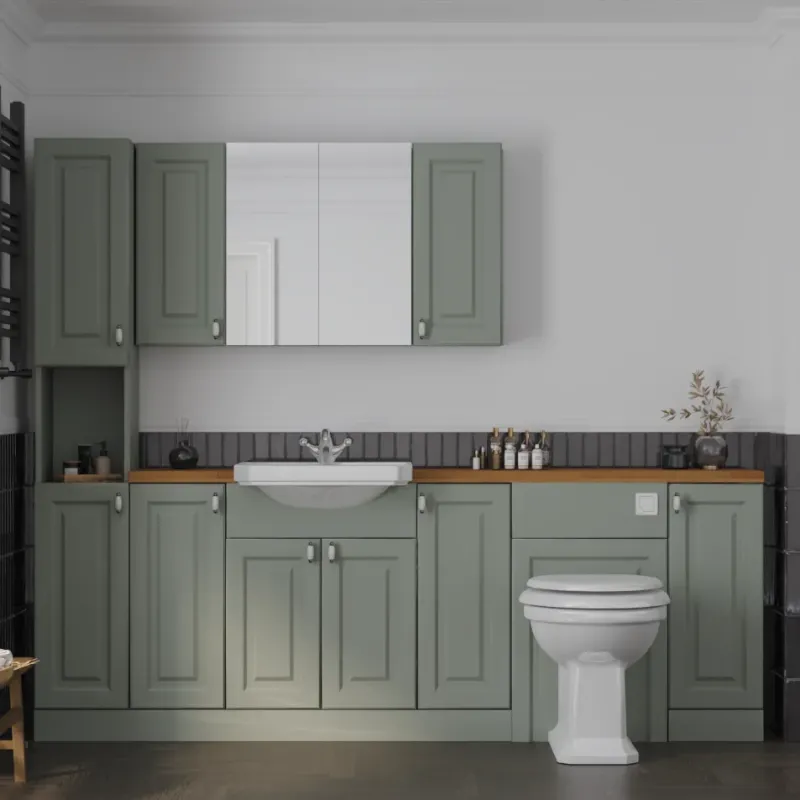 Main Product Image for Oliver 2300 Sage Green Shaker Fitted Furniture Combination Vanity Unit with Ceramic Basin, WC, Mirror Cabinet, Tallboy and Fixing Kits