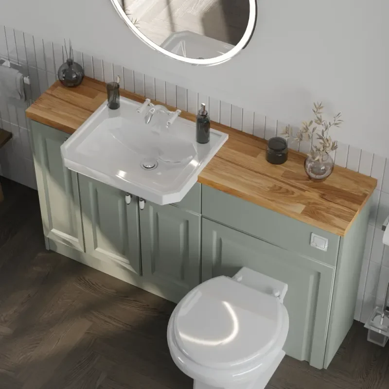Oliver 1200 Sage Green Shaker Fitted Furniture Combination Vanity Unit_4 Top View of Oliver 1200 Sage Green Shaker Fitted Furniture Combination Vanity Unit with  & Oak Countertop
